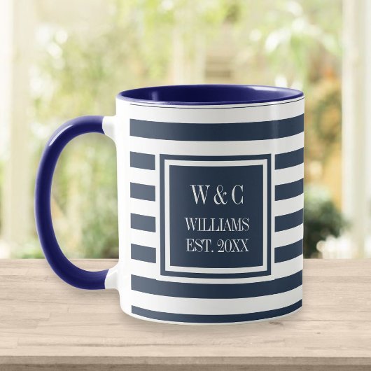 Mug Nom Monogramme Rayure Blanche Bleu Marine Élégant