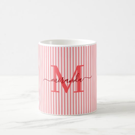 Mug Nom Monogramme Rayure Rouge Moderne (Centre)