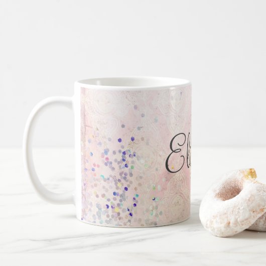 Mug Nom Monogramme Rose Blanc Paillettes Élégant (Avec donut)