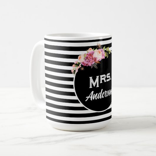 Mug Nom Nom Nom Nom Black White Stripes Fleurs (Devant gauche)