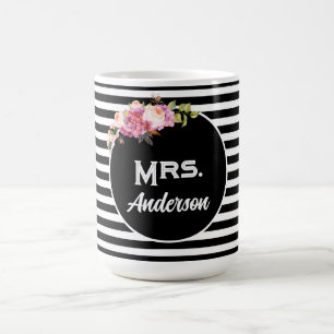 Mug Nom Nom Nom Nom Black White Stripes Fleurs