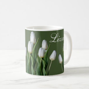 Mug Nom personnalisable Lizzie blanc fleurs de tulipe