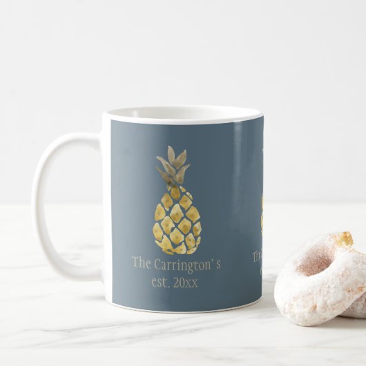 Mug Nom personnalisé Ananas Rustique Bleu (Avec donut)