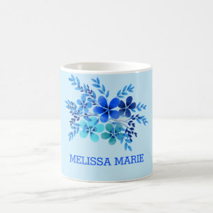 Mug Nom personnalisé Aquarelle florale bleue