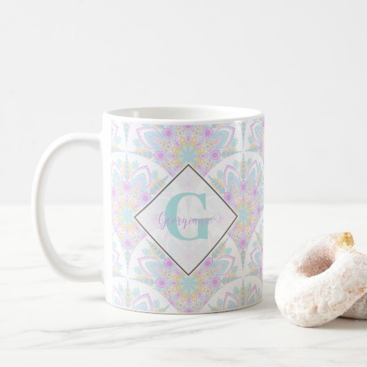 Mug Nom personnalisé Art Déco Pastel Arc-en-ciel Flora (Avec donut)