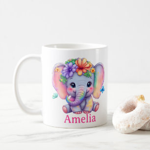 Mug Nom Personnalisé Baby Elephant Floral Mug, Pour La