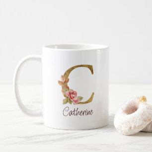 Mug Nom personnalisé Blush Rose Pink Lettre C en or