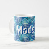 Mug Nom personnalisé Bright Blue White et Aqua Jellfis (Devant gauche)