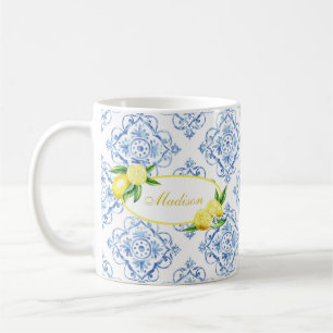Mug Nom personnalisé Carrelage bleu Citron Floral Ital