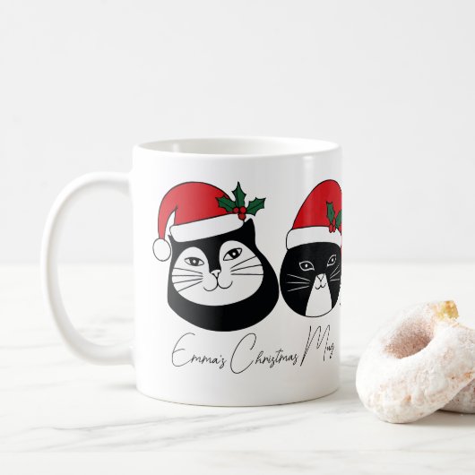 Mug Nom personnalisé Chat de Noël avec Casquette de No (Avec donut)