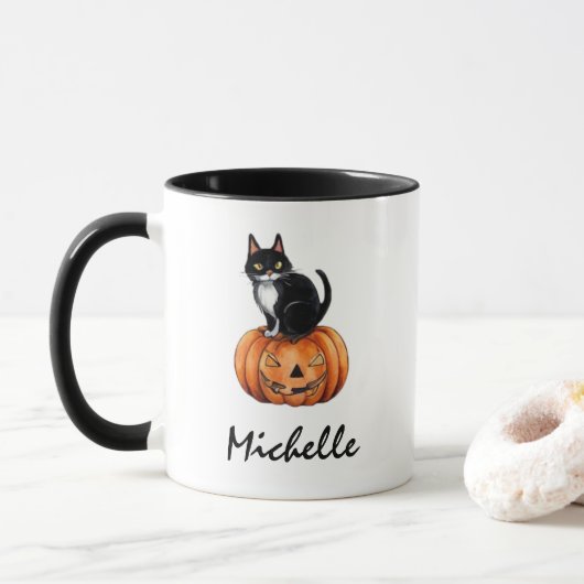 Mug Nom personnalisé Chat noir et Halloween Citrouille (Avec donut)