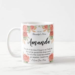 Mug Nom personnalisé Coral Red Rose Message pour maman