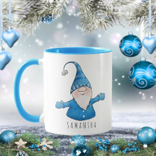 Mug Nom personnalisé Cute Gnome Bleu Noël