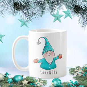 Mug Nom personnalisé Cute Gnome Turquoise Bleu Noël