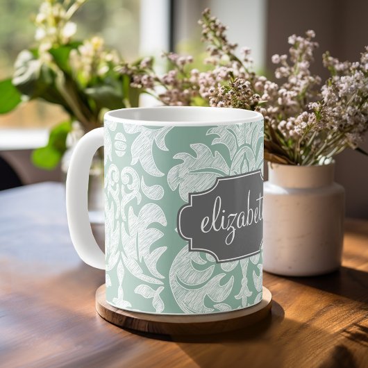 Mug Nom personnalisé du modèle de damas à la menthe et