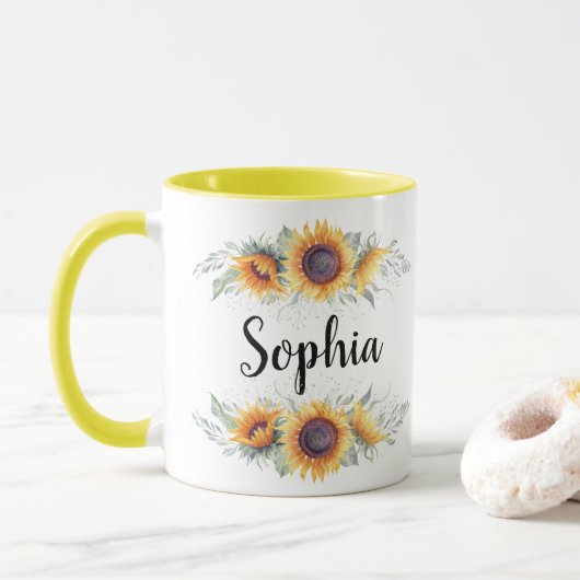 Mug Nom personnalisé du tournesol (Avec donut)