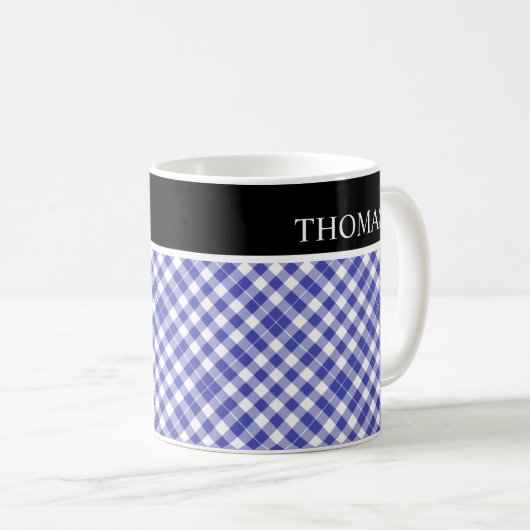 Mug Nom personnalisé En vichy blanc bleu personnalisé (Devant droit)