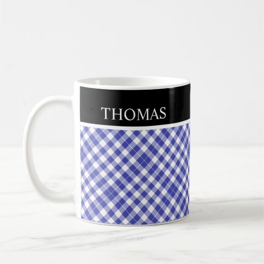 Mug Nom personnalisé En vichy blanc bleu personnalisé (Gauche)