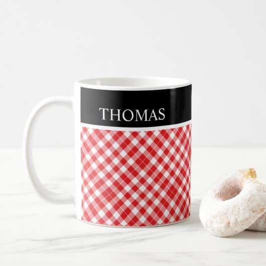 Mug Nom personnalisé En vichy blanc rouge personnalisé (Avec donut)
