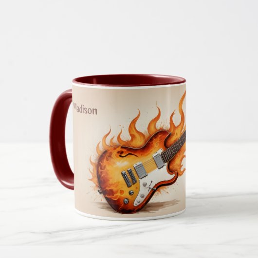 Mug Nom personnalisé et guitare à flamme de texte (Devant gauche)