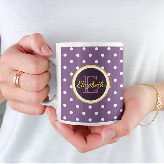 Mug Nom personnalisé et point Polka violet monogramme