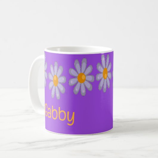 Mug Nom personnalisé fleurs bleues sur violet (Devant gauche)