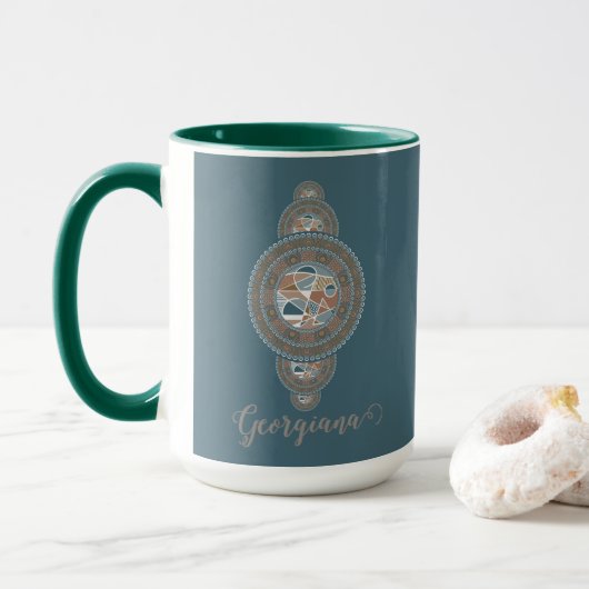 Mug Nom personnalisé Gold Turquoise Abstrait Ornamenta (Avec donut)