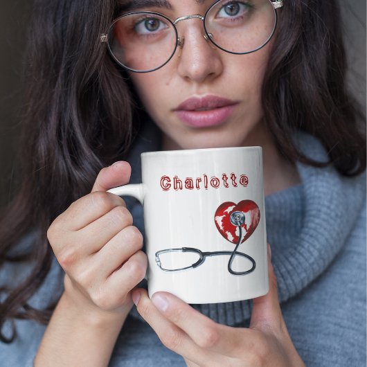 Mug Nom personnalisé l Red Heart Stethoscope Nurse Méd