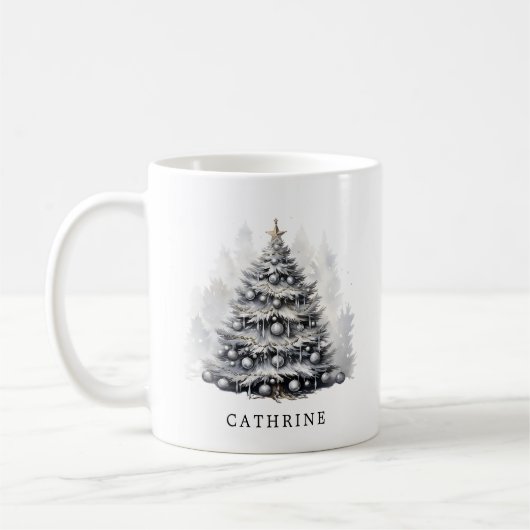 Mug Nom personnalisé moderne Arbre de Noël noir et bla (Gauche)