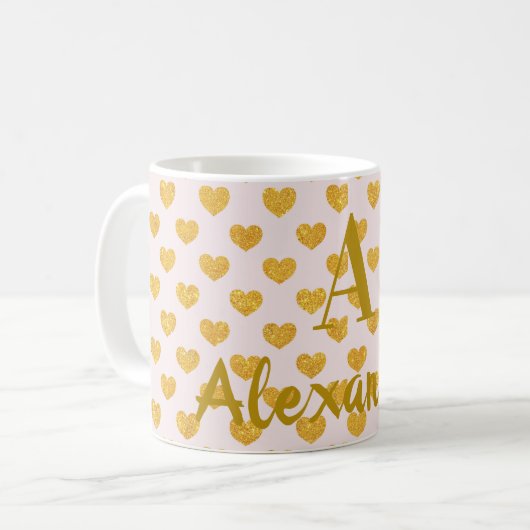 Mug Nom personnalisé Monogramme Gold Hearts rose (Devant gauche)