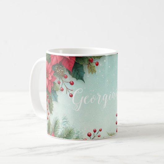 Mug Nom personnalisé Noël Floral Aquarelle Poinsettia (Devant gauche)