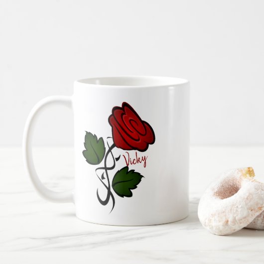Mug Nom personnalisé par baiser du rose rouge W (Avec donut)