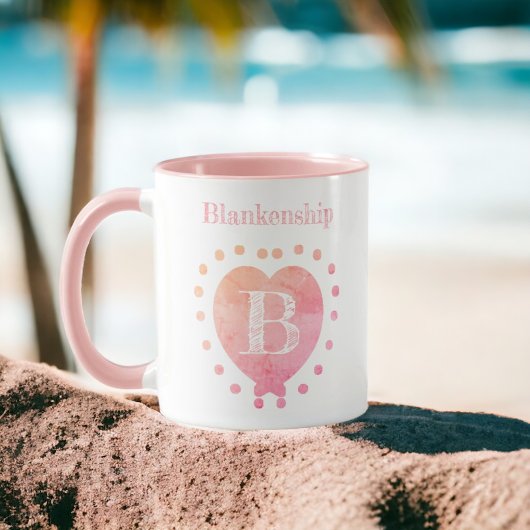 Mug Nom personnalisé Pointe initiale Pointe Coeur rose