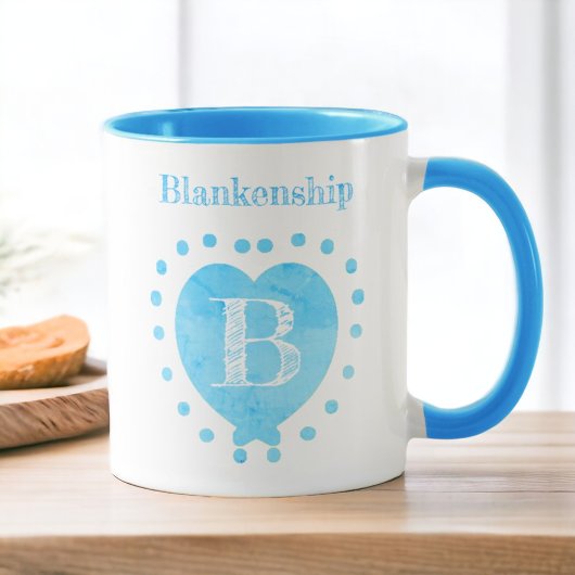 Mug Nom personnalisé Pointe Polka initiale Coeur bleu
