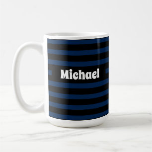 Mug Nom personnalisé simple rayé bleu foncé et noir