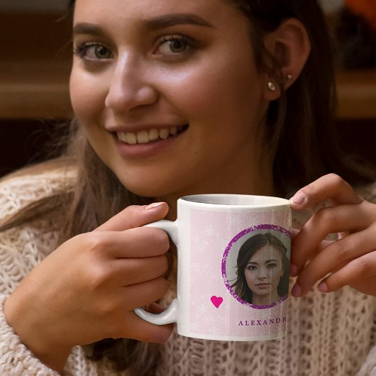 Mug Nom photo famille de Noël rose personnalisée