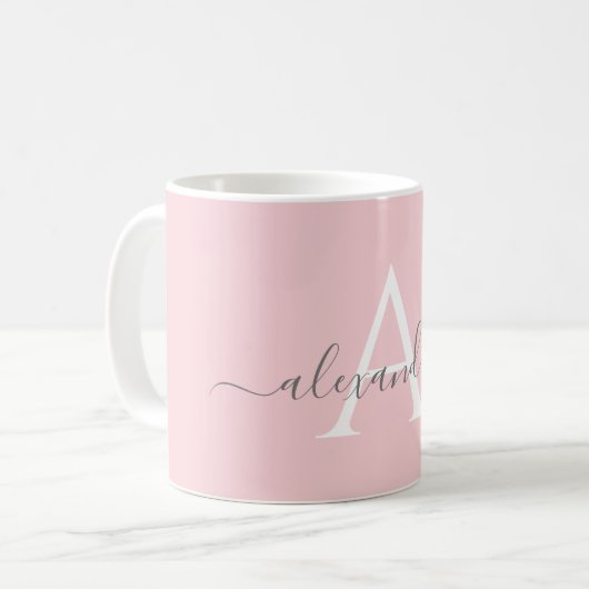 Mug Nom rose blanc Monogramme initial Élégant Script (Devant gauche)