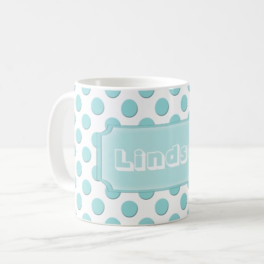 Mug Nom turquoise personnalisé de pois (Devant gauche)