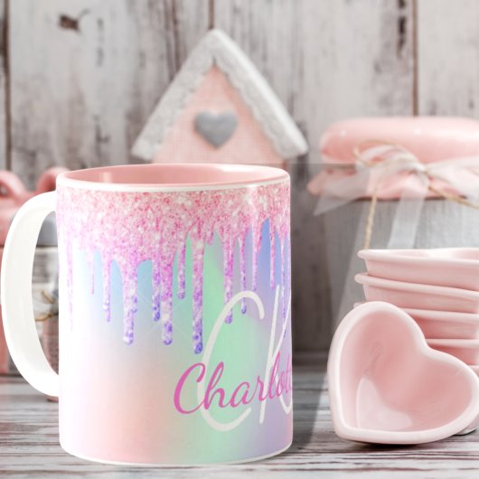 Mug Nom vert menthe rose holographique
