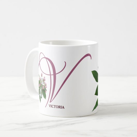 Mug Nom Victoria personnalisable monogramme rose flora (Devant gauche)