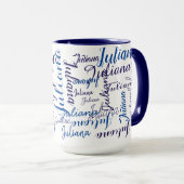 Mug noms manuscrits modernes motif sur bleu (Devant droit)