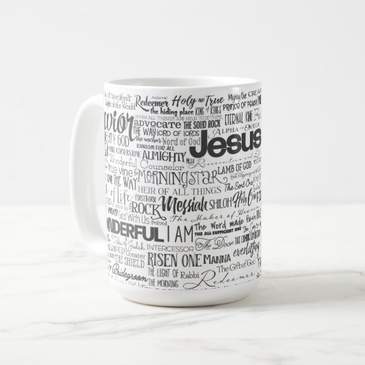 Mug Noms religieux chrétiens de Dieu Texte noir blanc (Devant gauche)