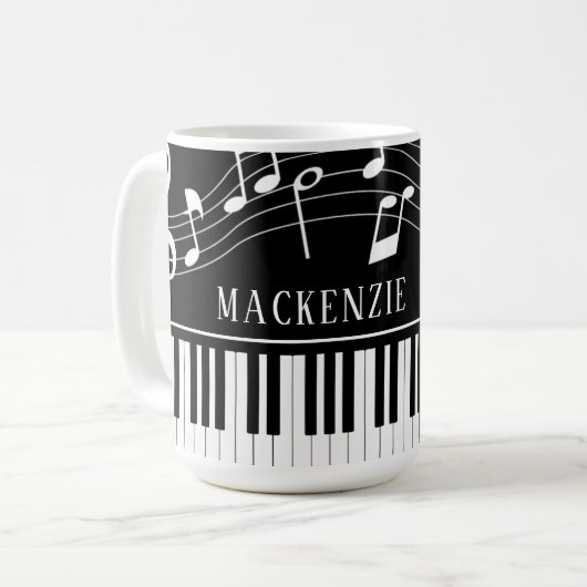 Mug Notes de musique pour piano Nom de script noir bla (Devant gauche)