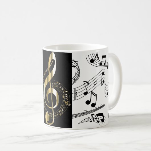 Mug Notes musicales Black White Faux Gold Clef Musicie (Devant droit)