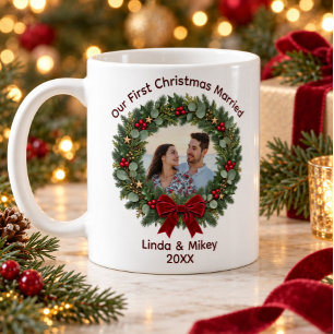 Mug Notre premier Noël mariés Couronne de ruban rouge