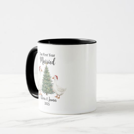 Mug Notre première année de mariage Oie Noël personnal (Devant gauche)