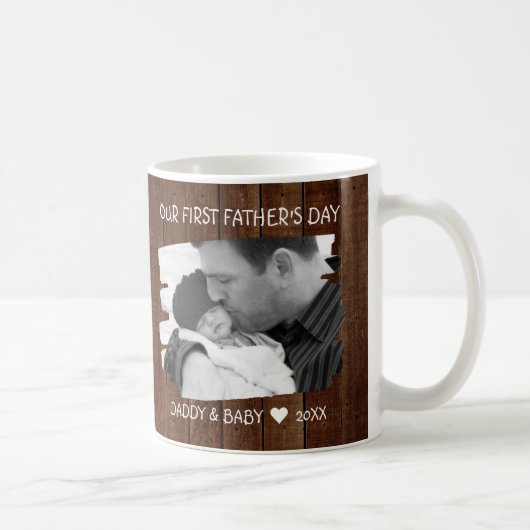 Mug Notre première Fête des pères papa bébé photo bois (Droite)