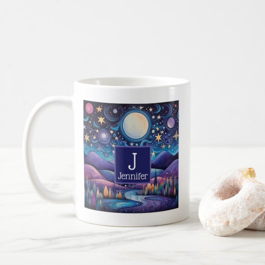 Mug Nuit lunaire Big Lune Paysage Monogramme (Avec donut)