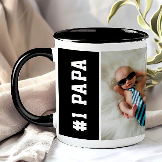 Mug Numéro Un Papa Black Custom 4 Photo Collage
