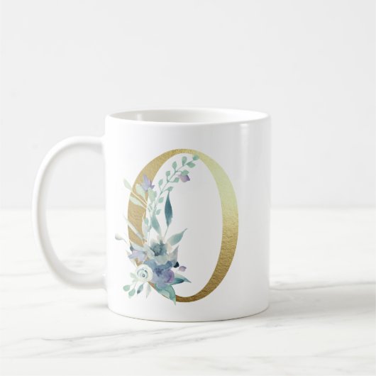 Mug O, initial doré avec feuillage floral bleu (Gauche)